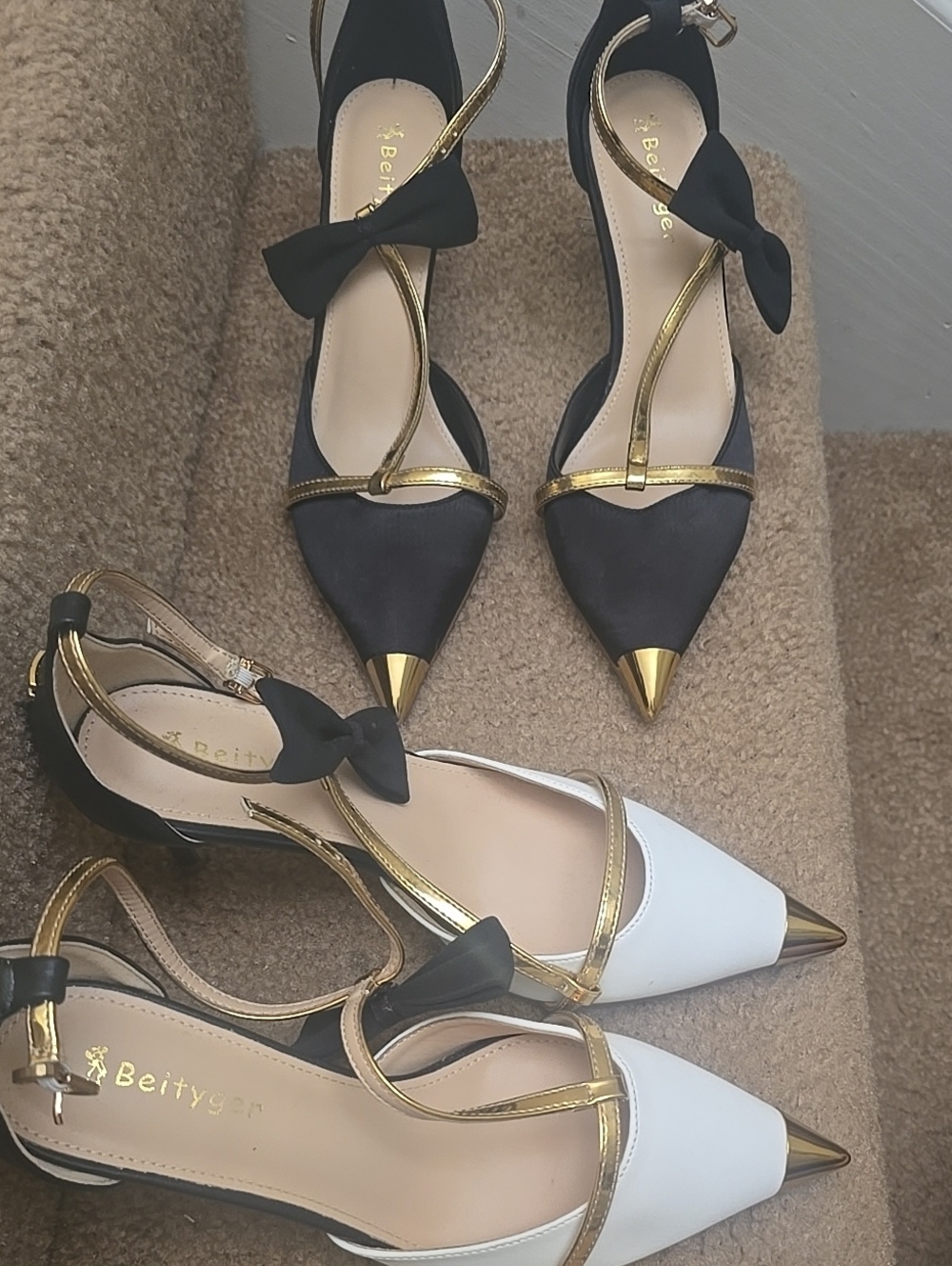 Women’s Pointed Toe Bow Ankle-Strap Flats in Black and White with Gold Trim